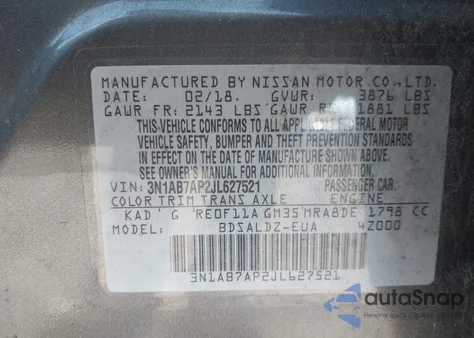 2018 Nissan Sentra Sv из США, поврежденный, VIN 3N1AB7AP2JL627521